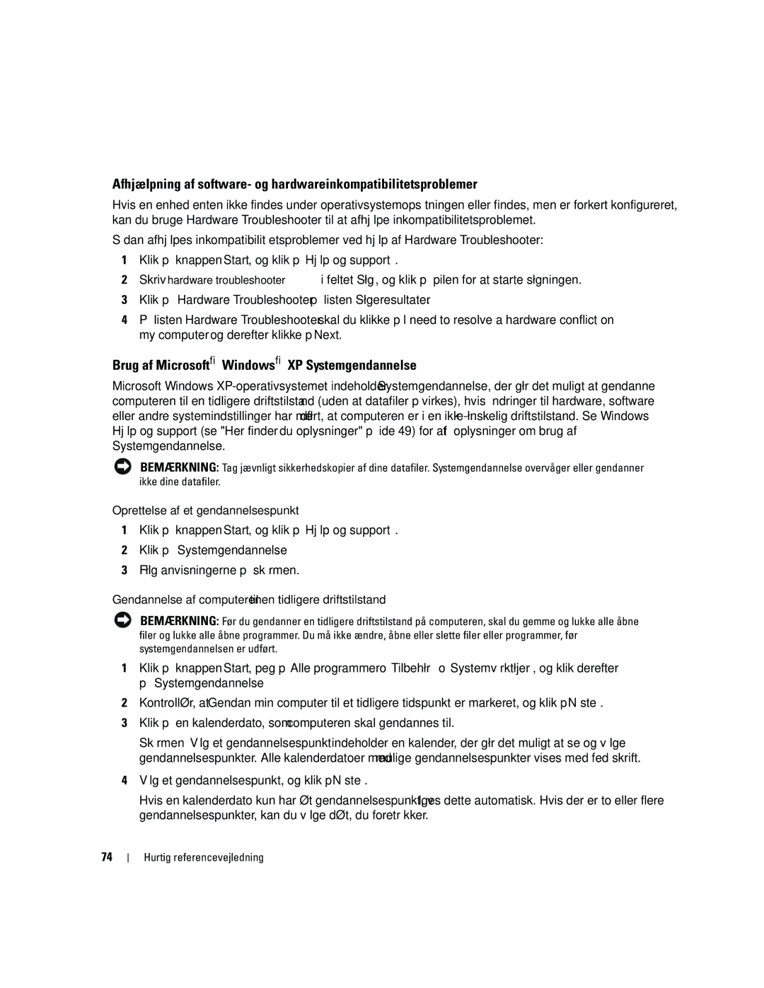 Dell PD050 manual Brug af Microsoft Windows XP Systemgendannelse, Oprettelse af et gendannelsespunkt 