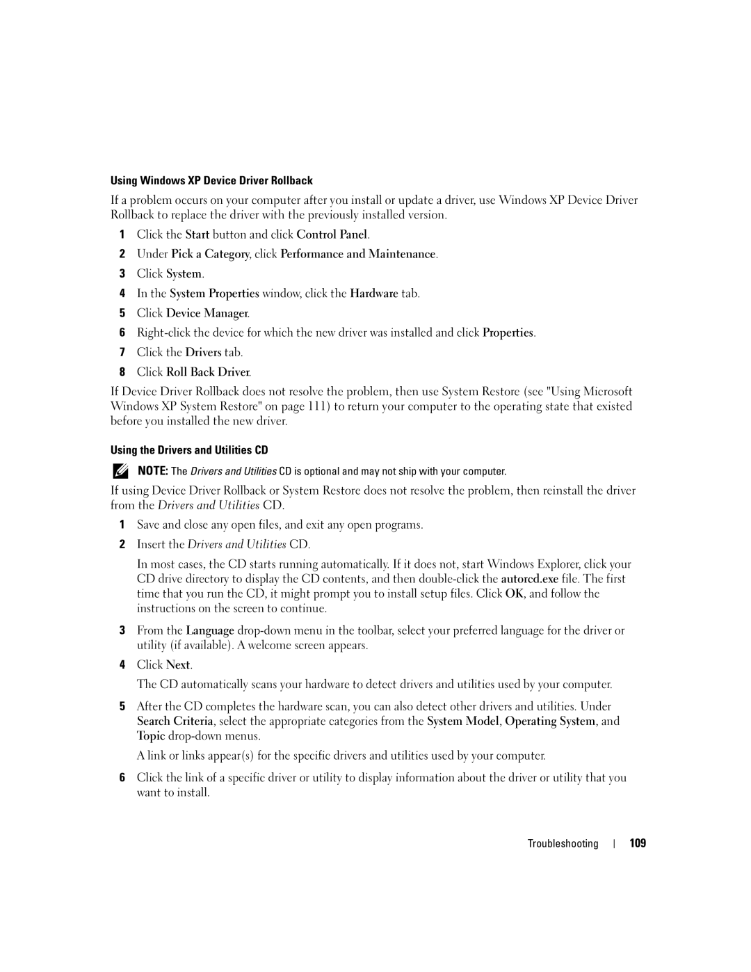 Dell PD598 Using Windows XP Device Driver Rollback, Click Roll Back Driver, Using the Drivers and Utilities CD, 109 