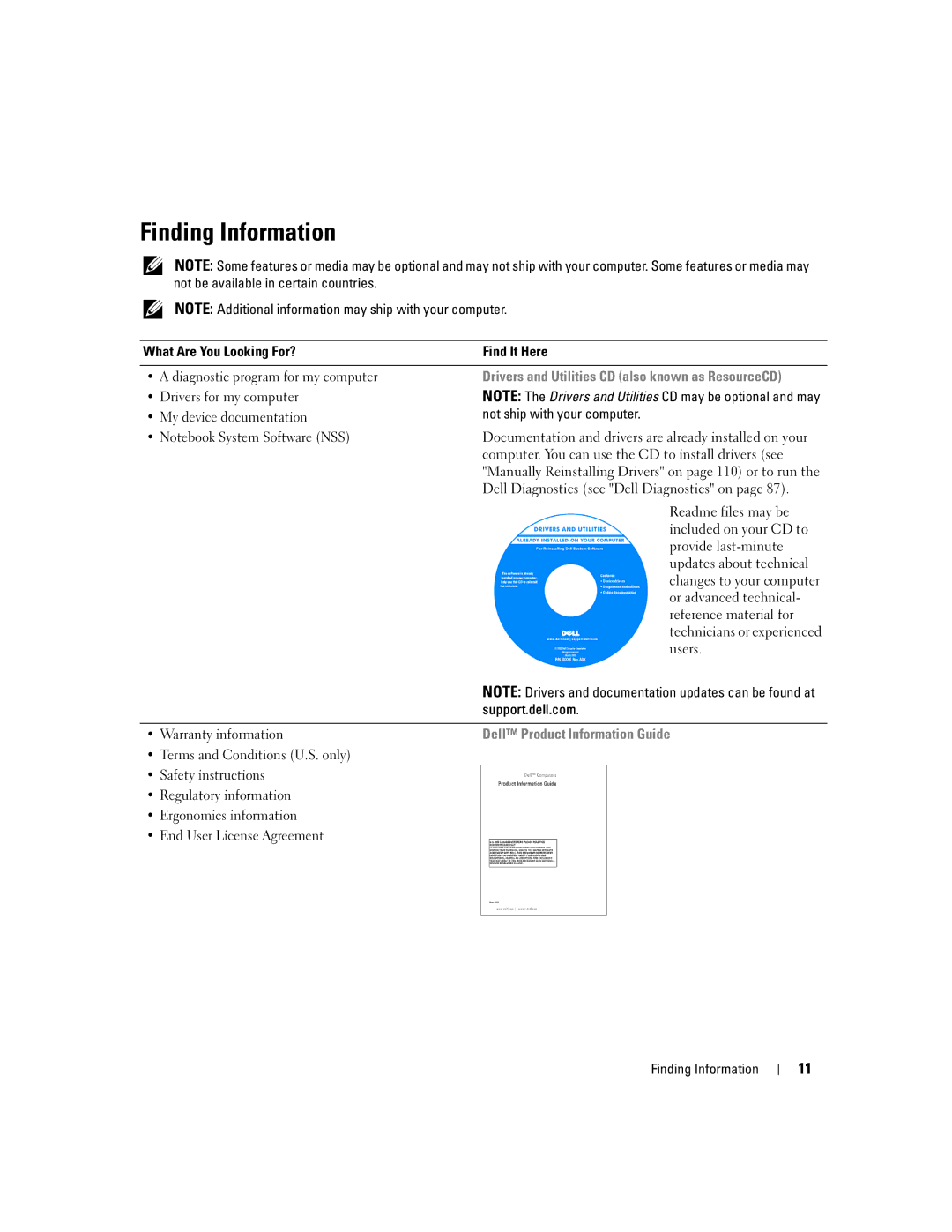 Dell PD598 owner manual Finding Information, Support.dell.com, Warranty information 