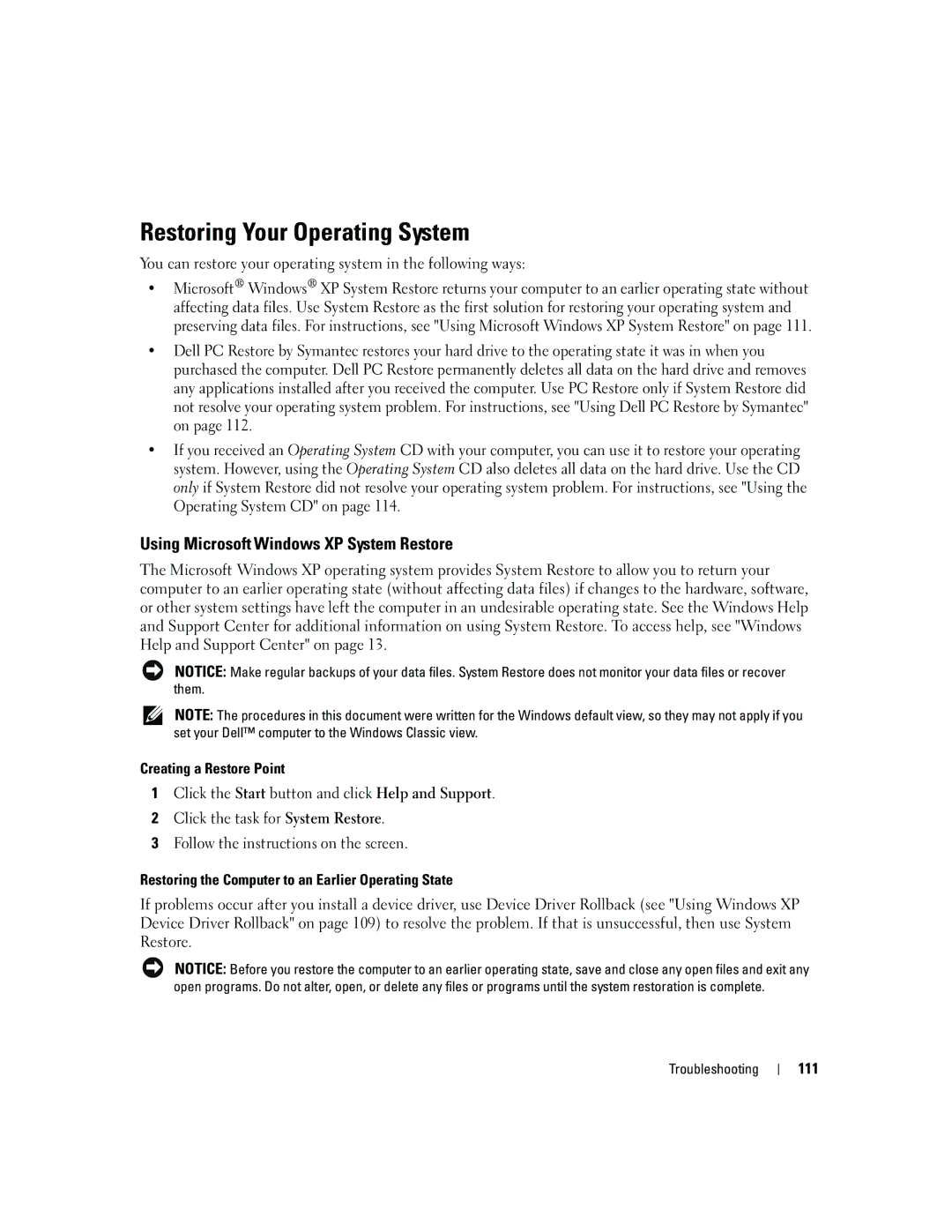 Dell PD598 Restoring Your Operating System, Using Microsoft Windows XP System Restore, Creating a Restore Point, 111 