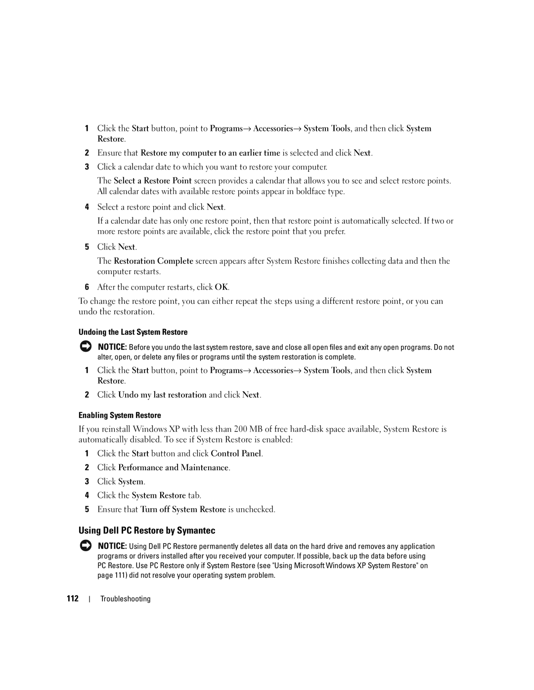 Dell PD598 Using Dell PC Restore by Symantec, Undoing the Last System Restore, Click Performance and Maintenance, 112 