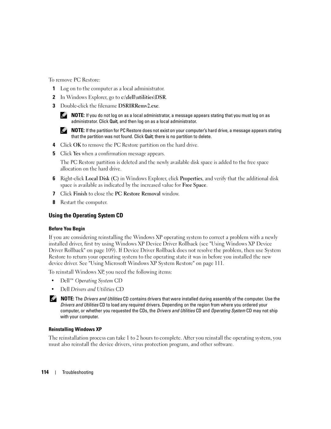 Dell PD598 owner manual Using the Operating System CD, Before You Begin, Reinstalling Windows XP, 114 