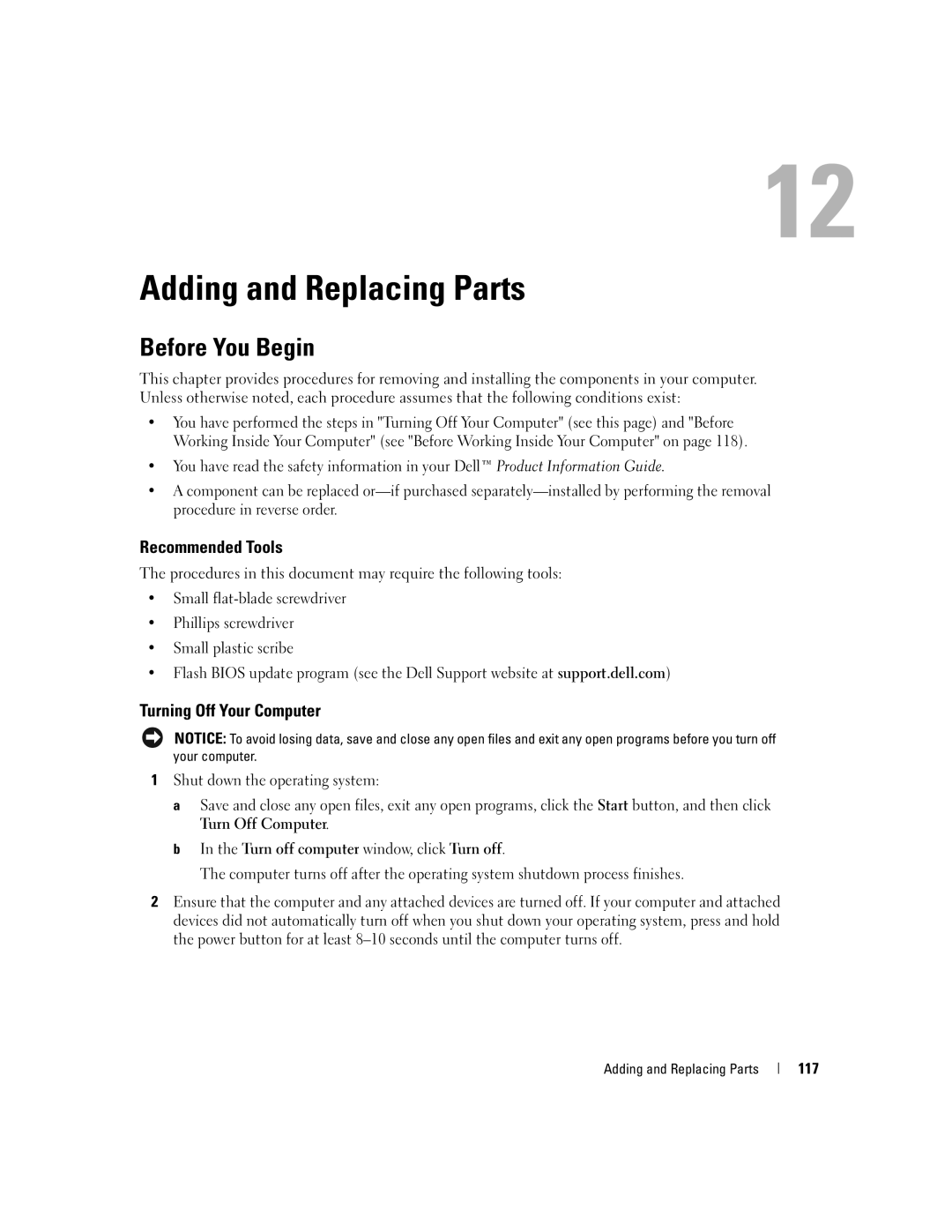 Dell PD598 owner manual Adding and Replacing Parts, Before You Begin, Recommended Tools, Turning Off Your Computer 