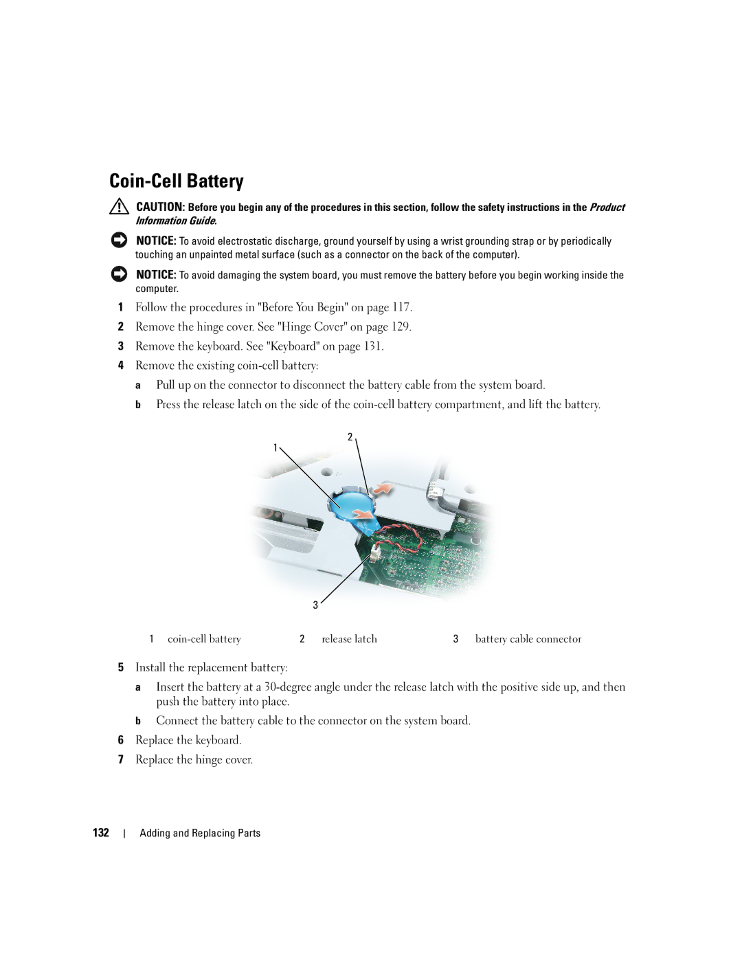 Dell PD598 owner manual Coin-Cell Battery, 132 