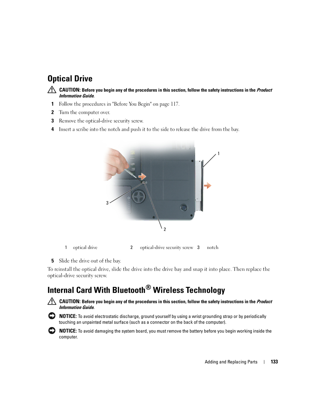 Dell PD598 owner manual Optical Drive, Internal Card With Bluetooth Wireless Technology, 133 