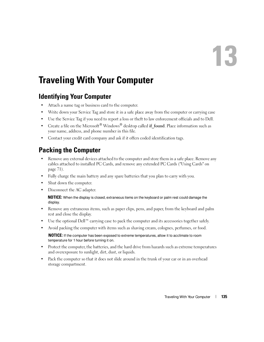 Dell PD598 owner manual Traveling With Your Computer, Identifying Your Computer, Packing the Computer, 135 