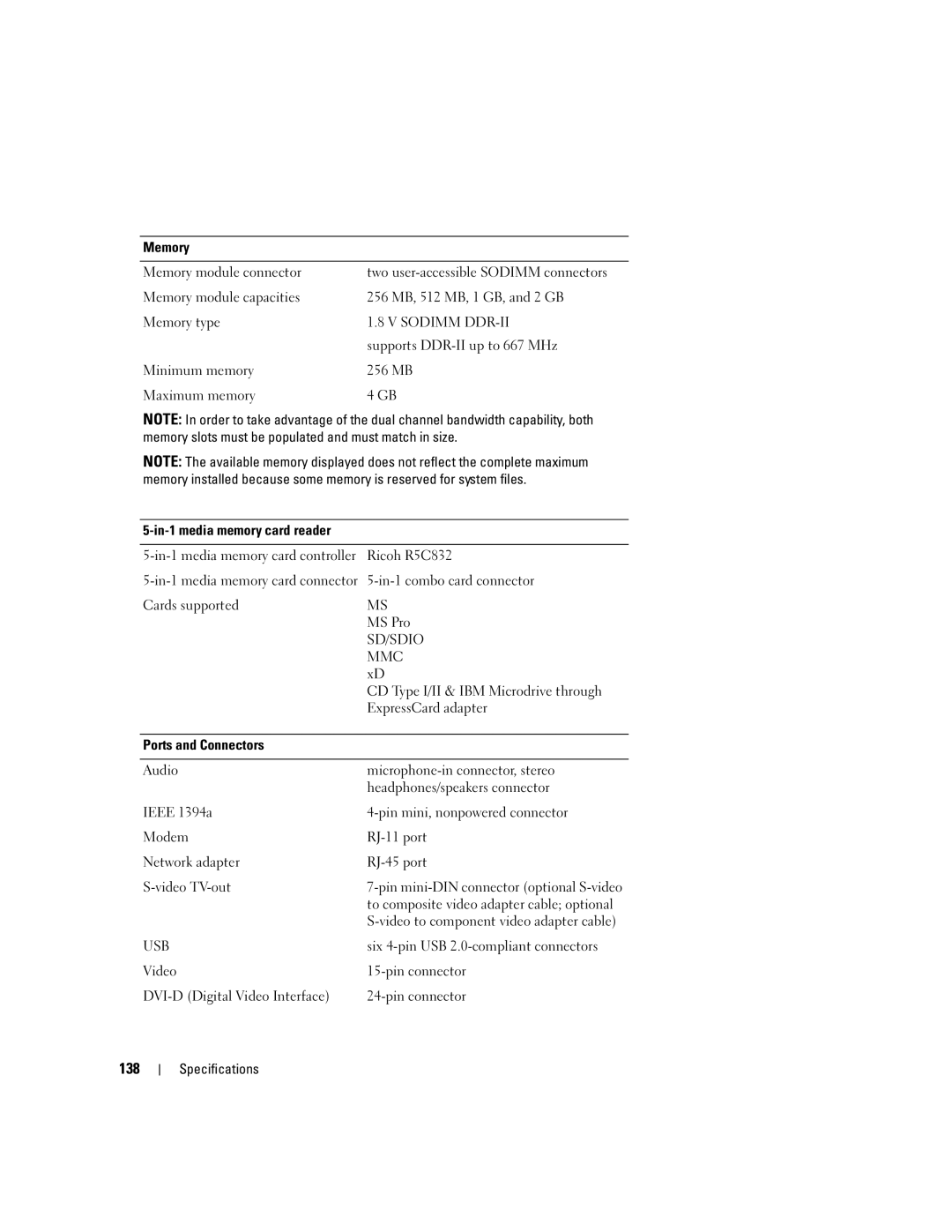 Dell PD598 owner manual 138, Memory, In-1 media memory card reader, Ports and Connectors 