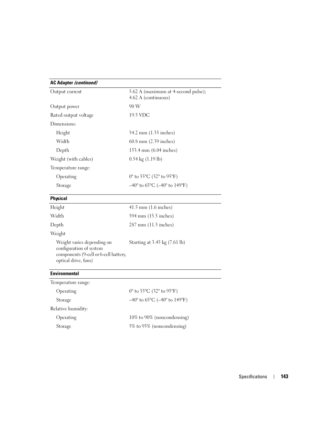 Dell PD598 143, Physical, Weight varies depending on, Configuration of system, Optical drive, fans Environmental 