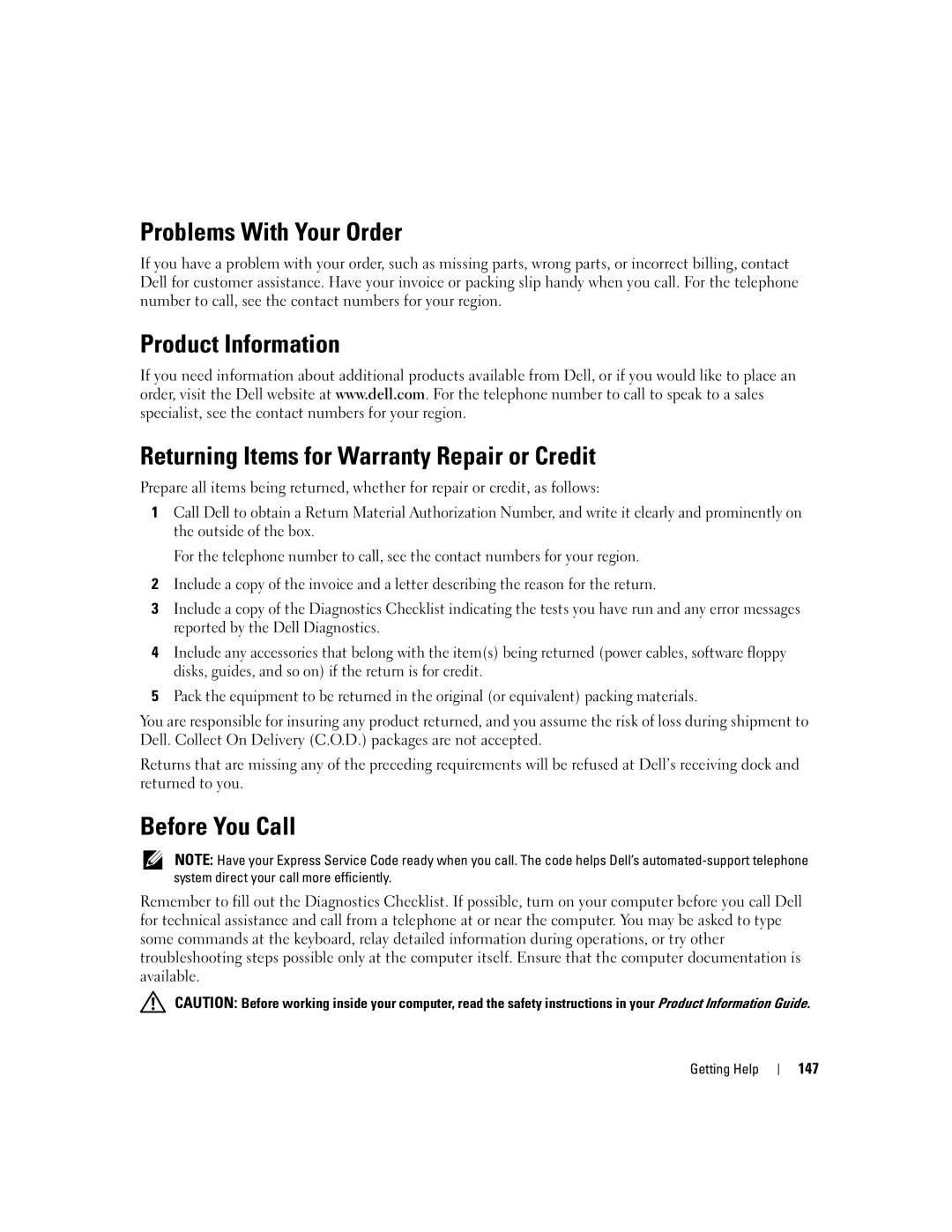 Dell PD598 owner manual Problems With Your Order, Before You Call, 147 