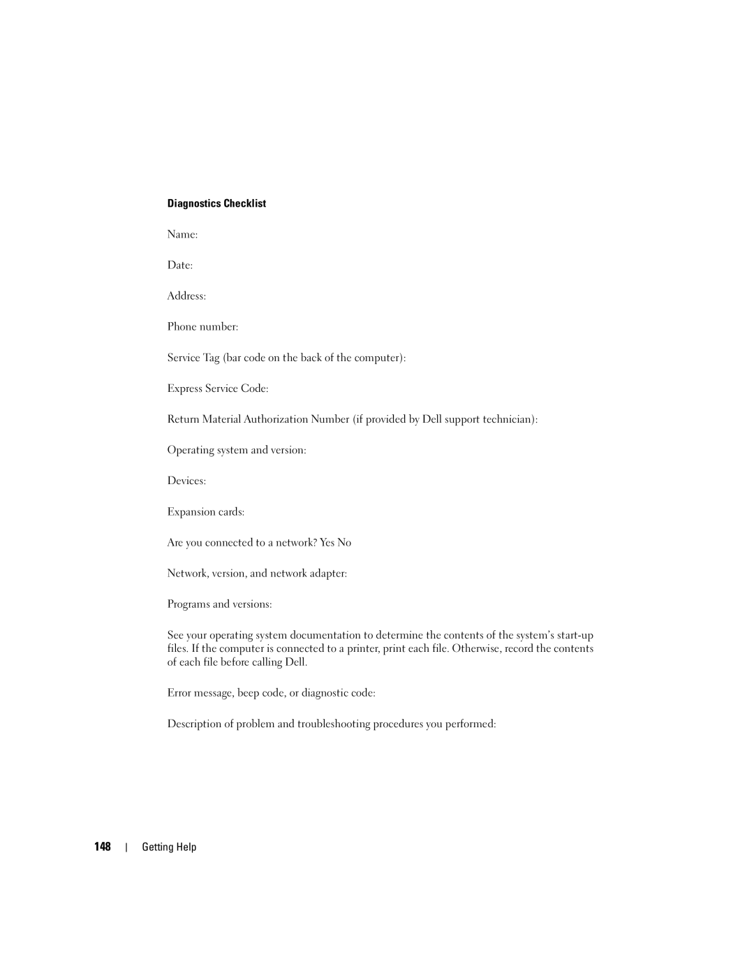 Dell PD598 owner manual 148, Diagnostics Checklist 