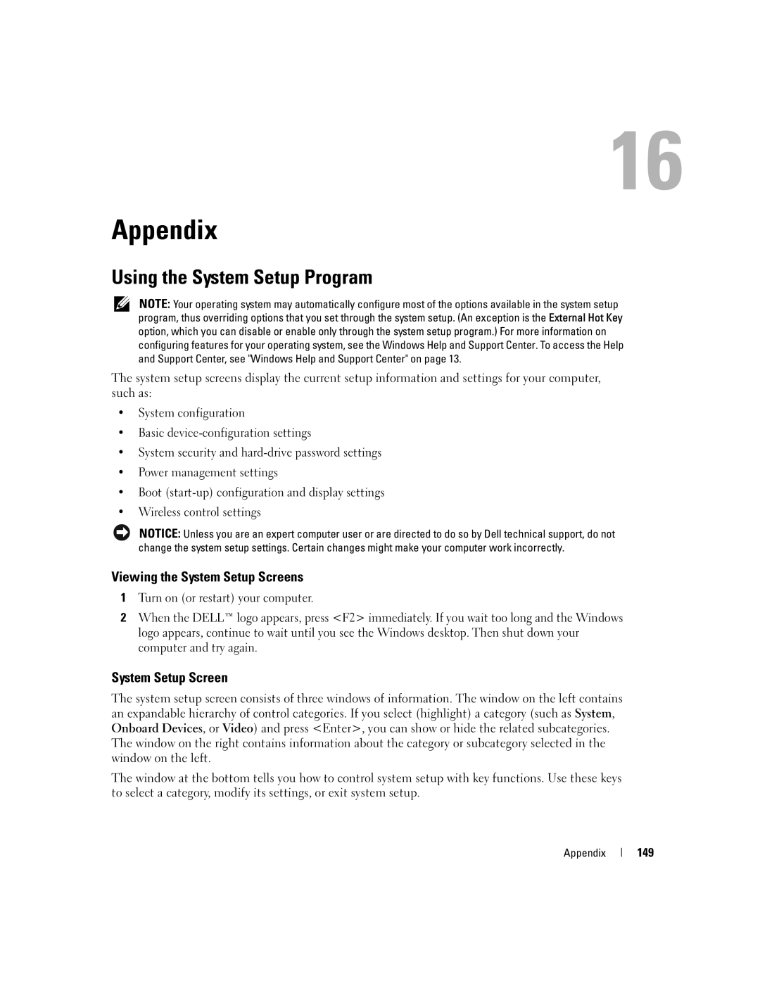 Dell PD598 owner manual Appendix, Using the System Setup Program, Viewing the System Setup Screens, 149 