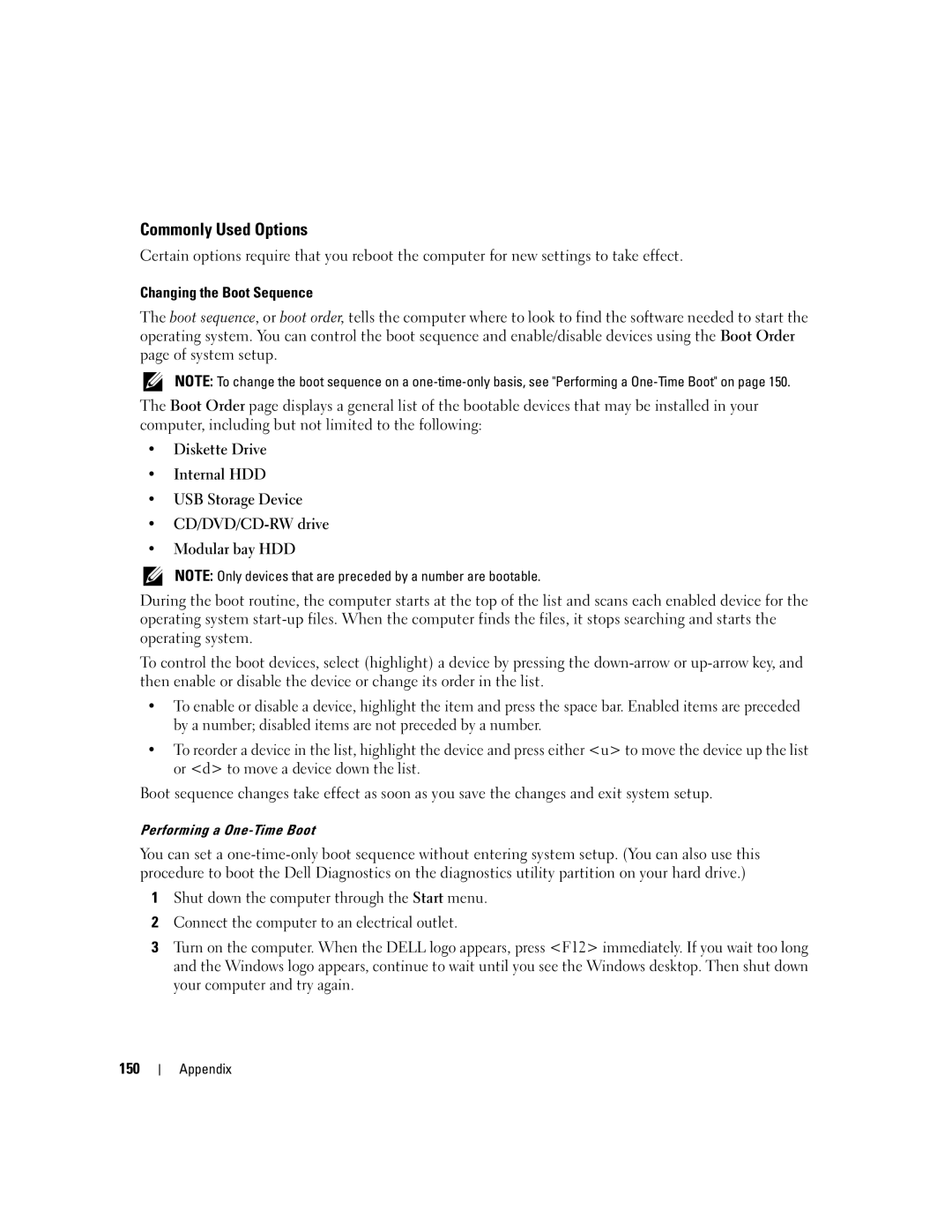 Dell PD598 owner manual Commonly Used Options, Changing the Boot Sequence, 150, Performing a One-Time Boot 