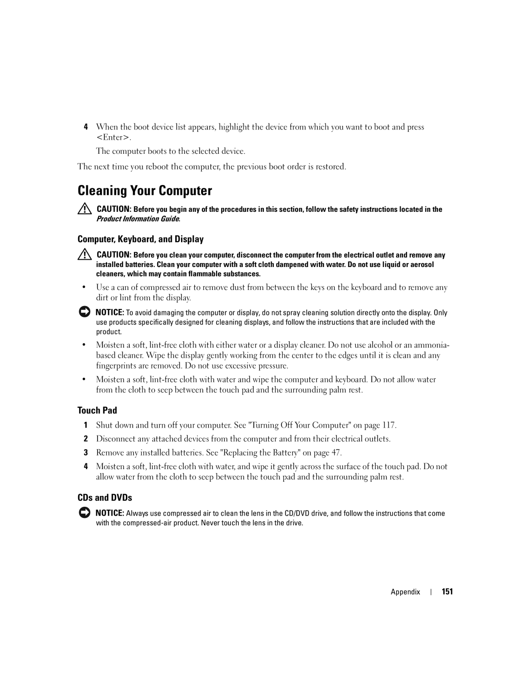 Dell PD598 owner manual Cleaning Your Computer, Computer, Keyboard, and Display, Touch Pad, CDs and DVDs, 151 