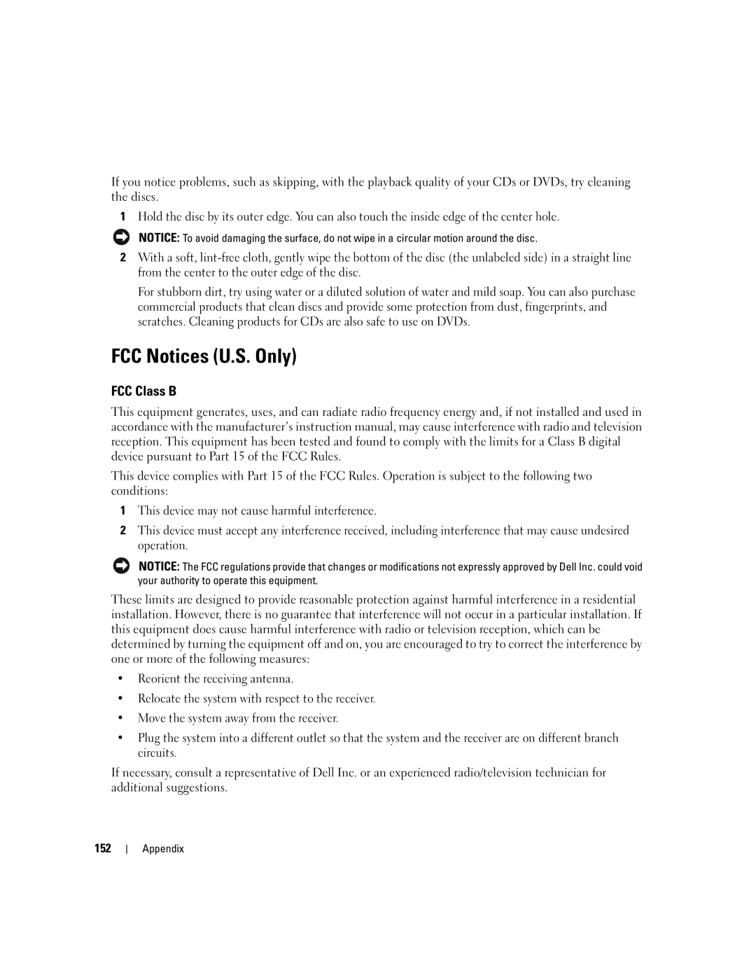 Dell PD598 owner manual FCC Notices U.S. Only, FCC Class B, 152 