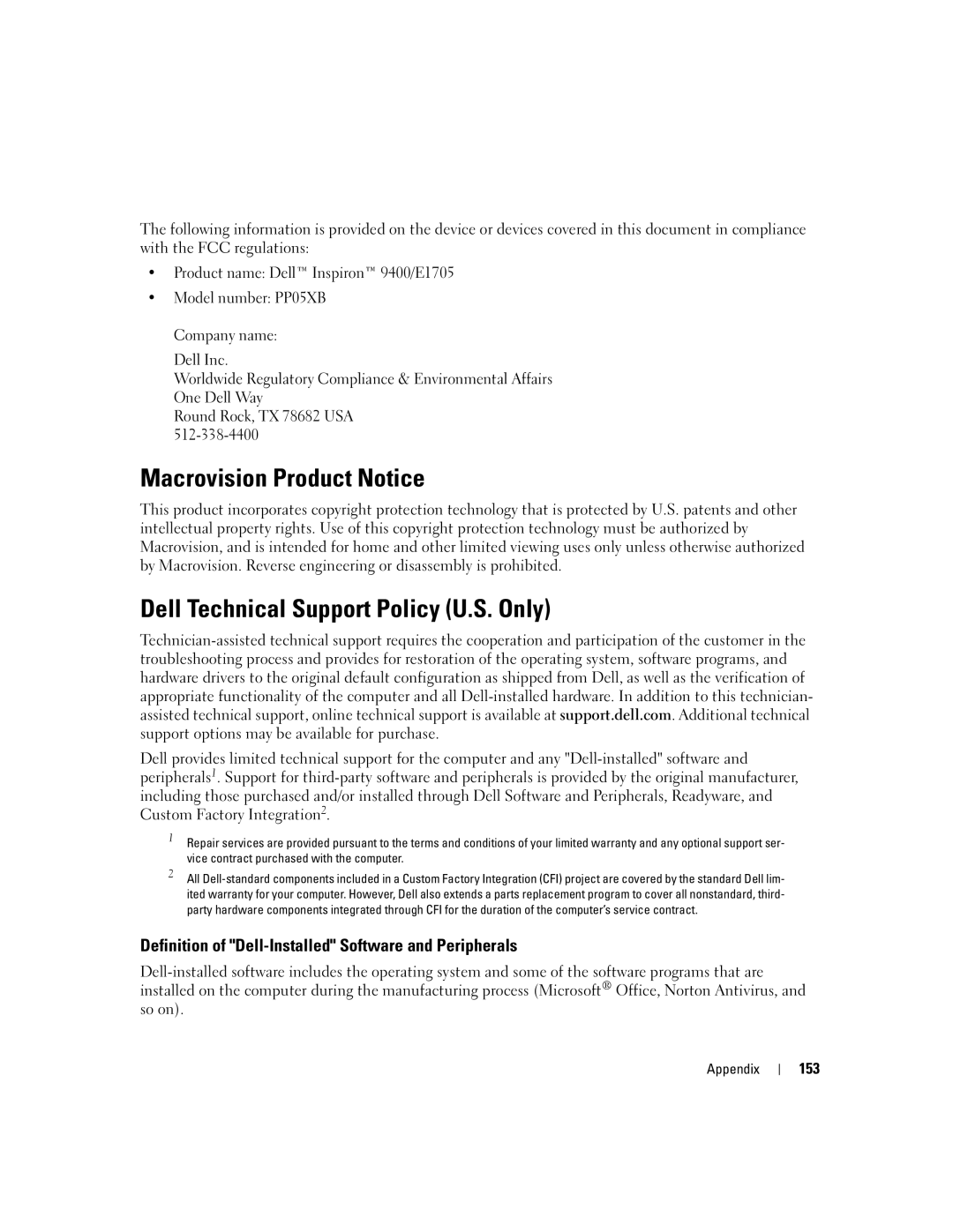 Dell PD598 owner manual Macrovision Product Notice, Dell Technical Support Policy U.S. Only, 153 