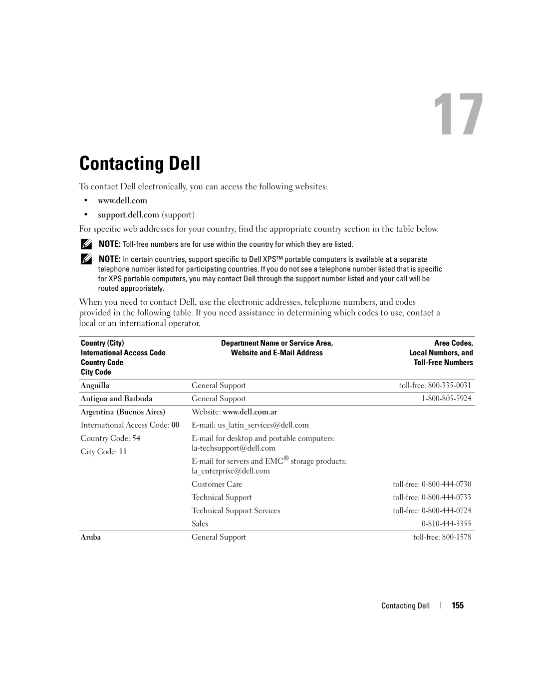 Dell PD598 owner manual Contacting Dell, 155, Toll-free 