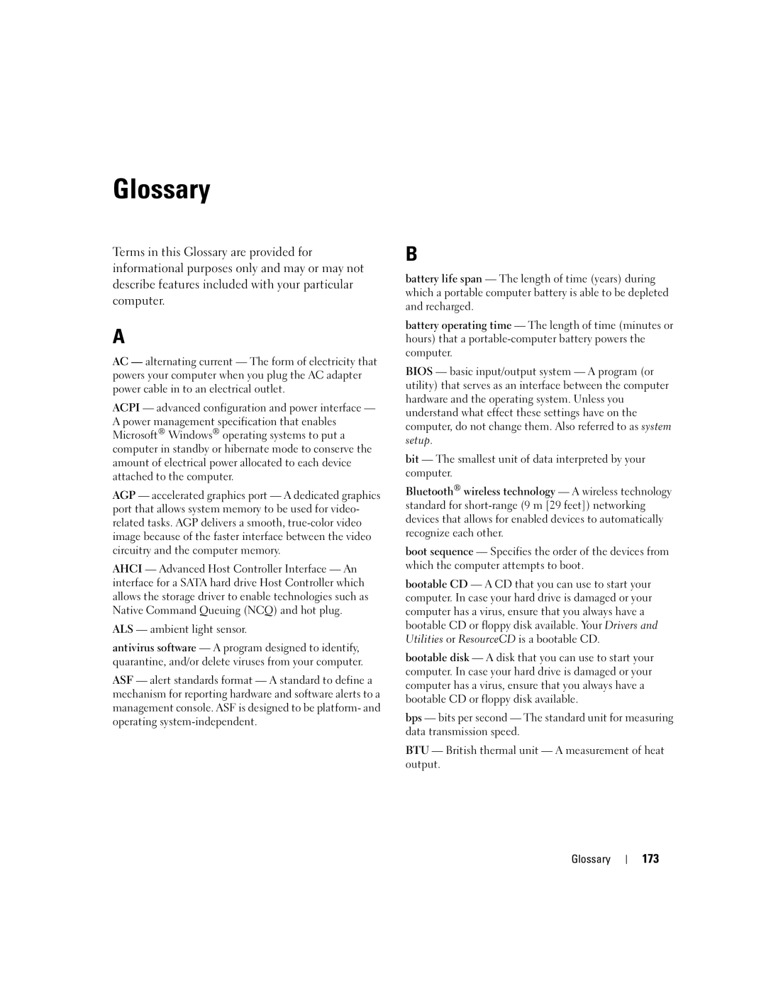 Dell PD598 owner manual Glossary, 173 