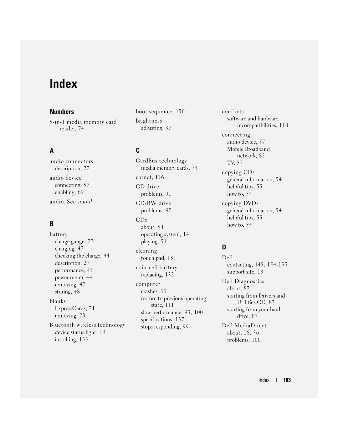 Dell PD598 owner manual Index, 183 