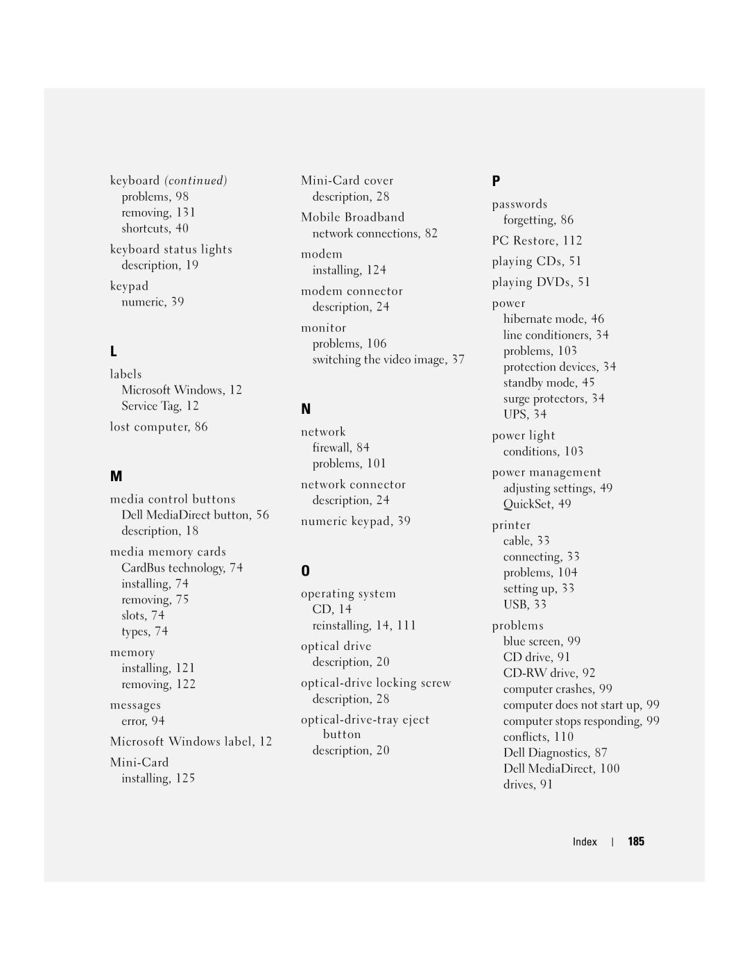 Dell PD598 owner manual 185 