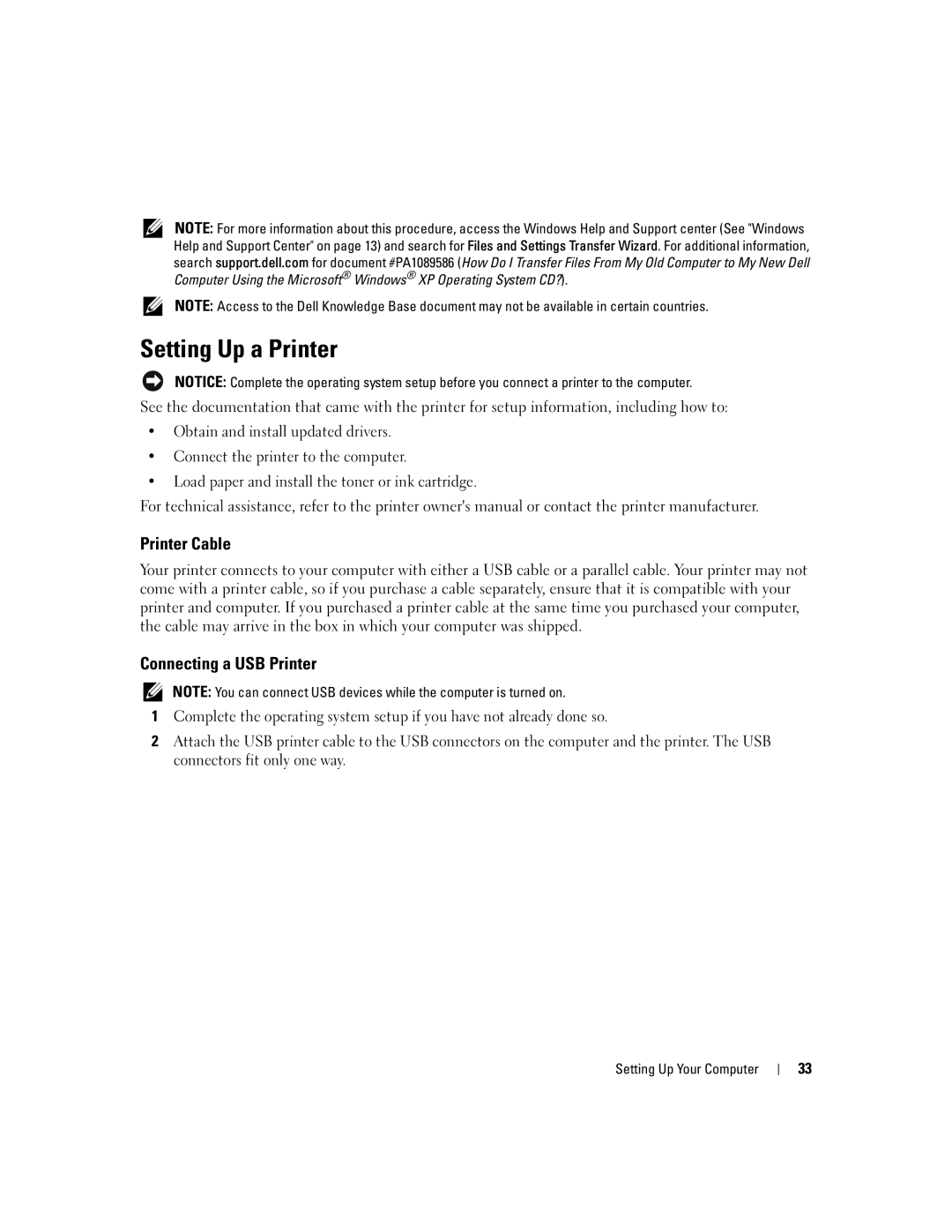 Dell PD598 owner manual Setting Up a Printer, Printer Cable, Connecting a USB Printer 