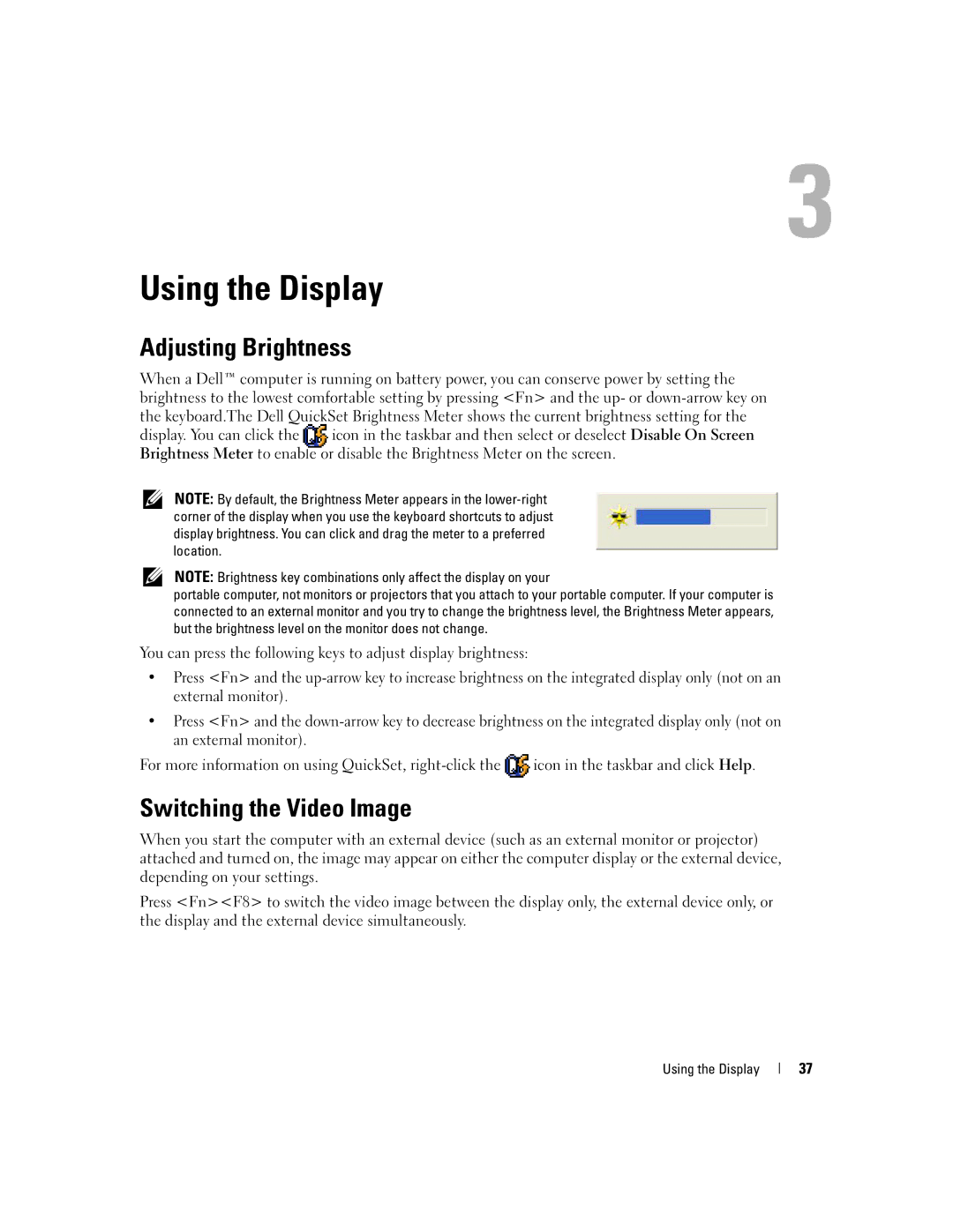 Dell PD598 owner manual Using the Display, Adjusting Brightness, Switching the Video Image 