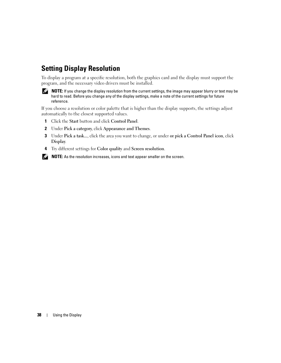 Dell PD598 owner manual Setting Display Resolution, Under Pick a category, click Appearance and Themes 