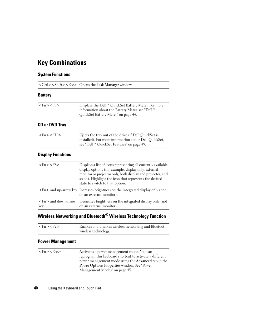 Dell PD598 owner manual Key Combinations 