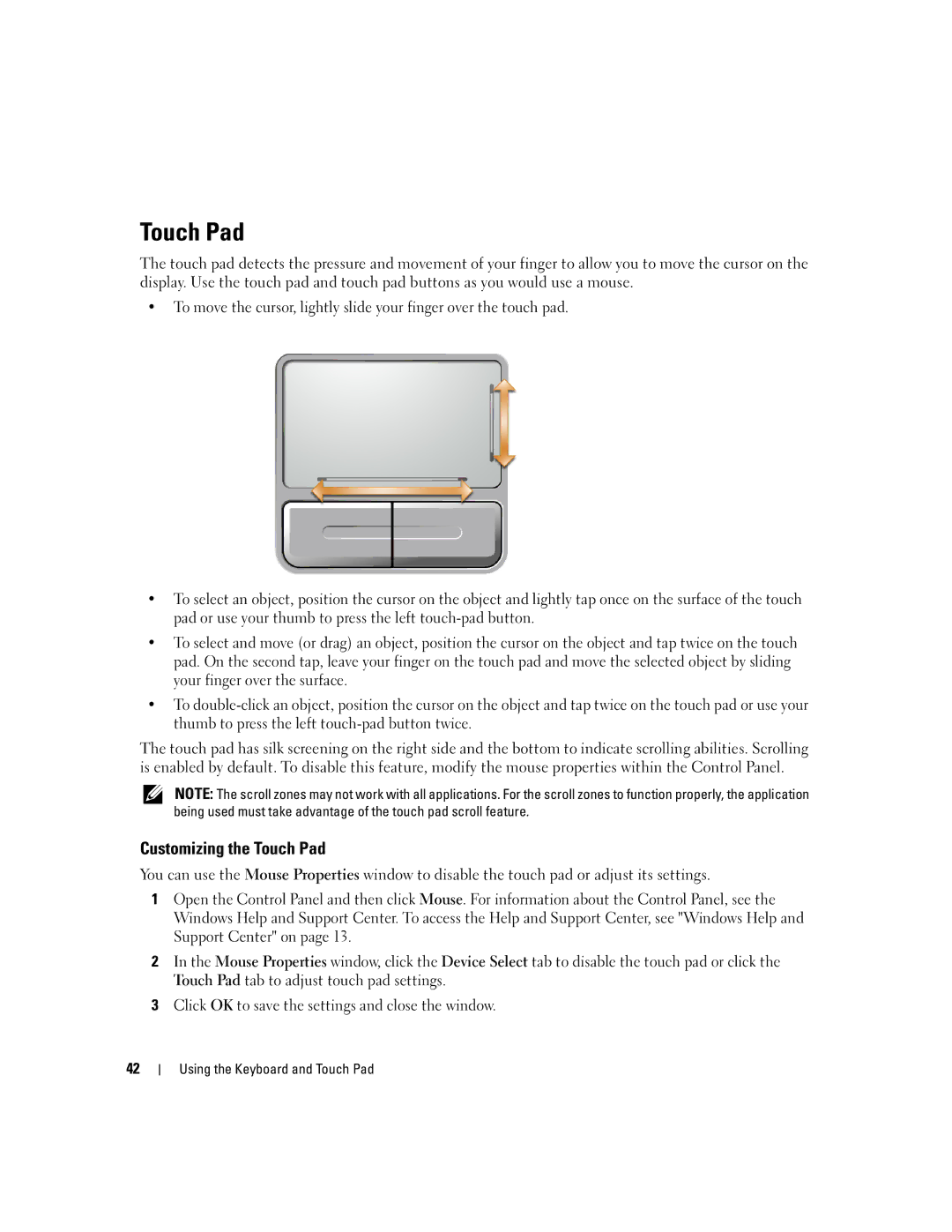 Dell PD598 owner manual Customizing the Touch Pad 