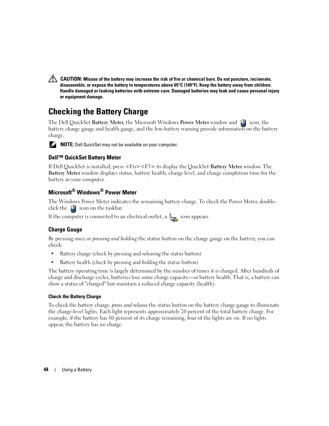 Dell PD598 Checking the Battery Charge, Dell QuickSet Battery Meter, Microsoft Windows Power Meter, Charge Gauge 