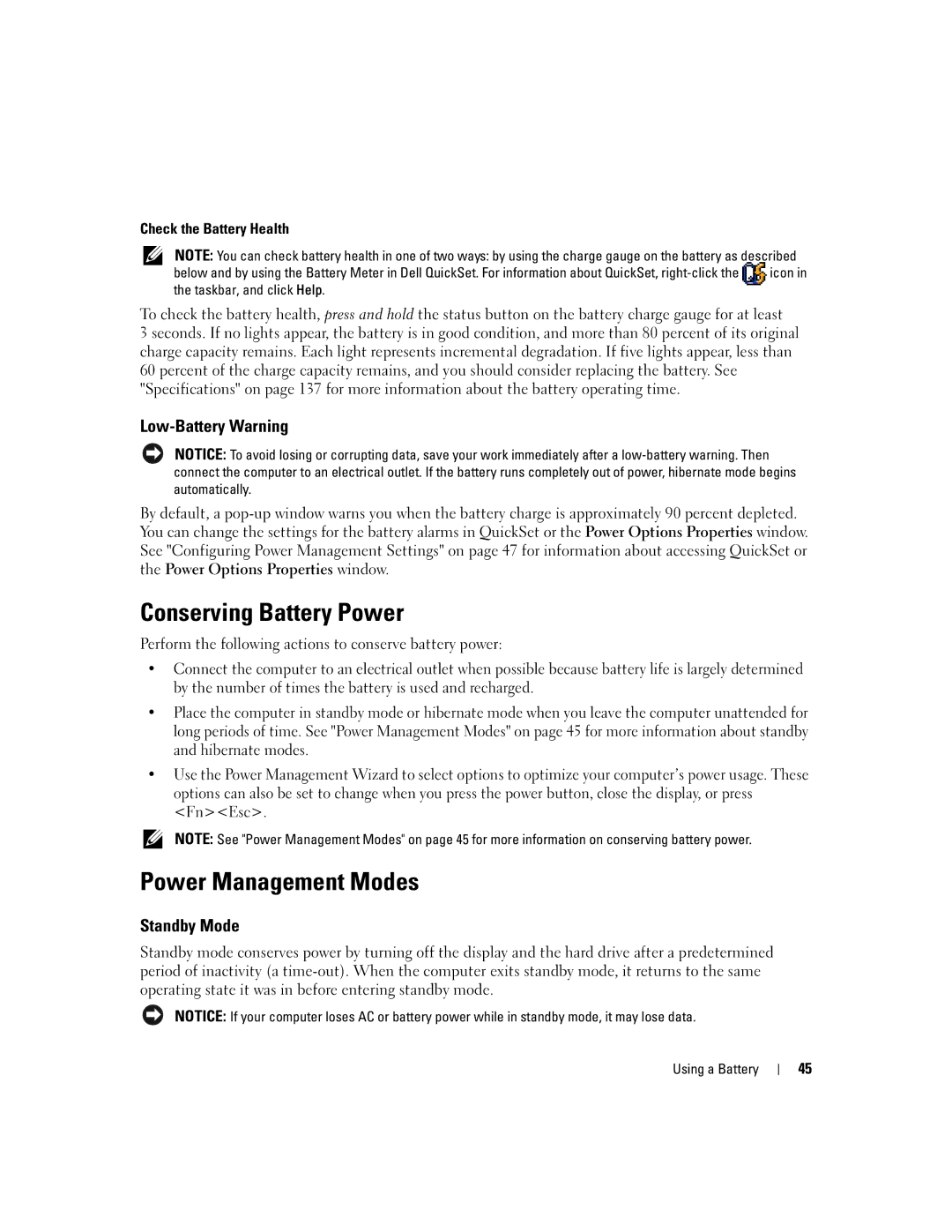 Dell PD598 Conserving Battery Power, Power Management Modes, Low-Battery Warning, Standby Mode, Check the Battery Health 