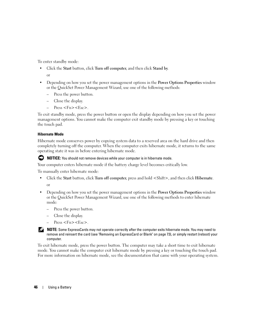 Dell PD598 owner manual Hibernate Mode 