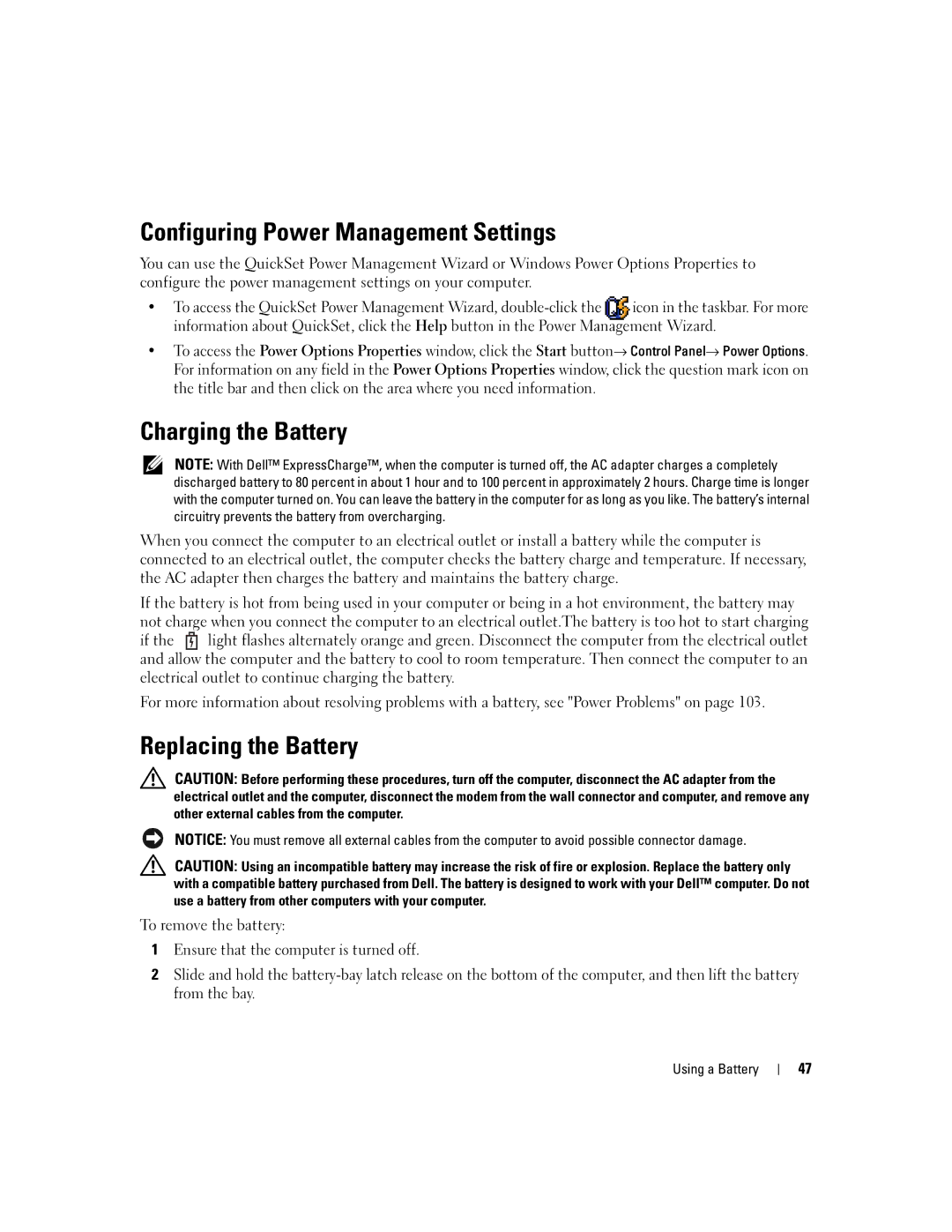 Dell PD598 owner manual Configuring Power Management Settings, Charging the Battery, Replacing the Battery 