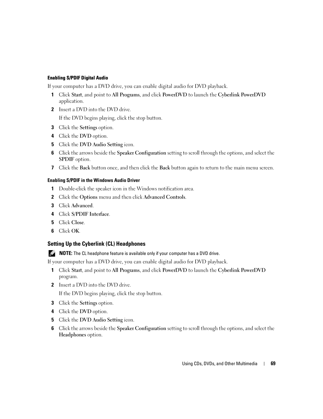 Dell PD598 owner manual Setting Up the Cyberlink CL Headphones 