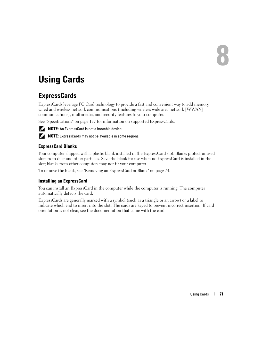 Dell PD598 owner manual Using Cards, ExpressCards, ExpressCard Blanks, Installing an ExpressCard 