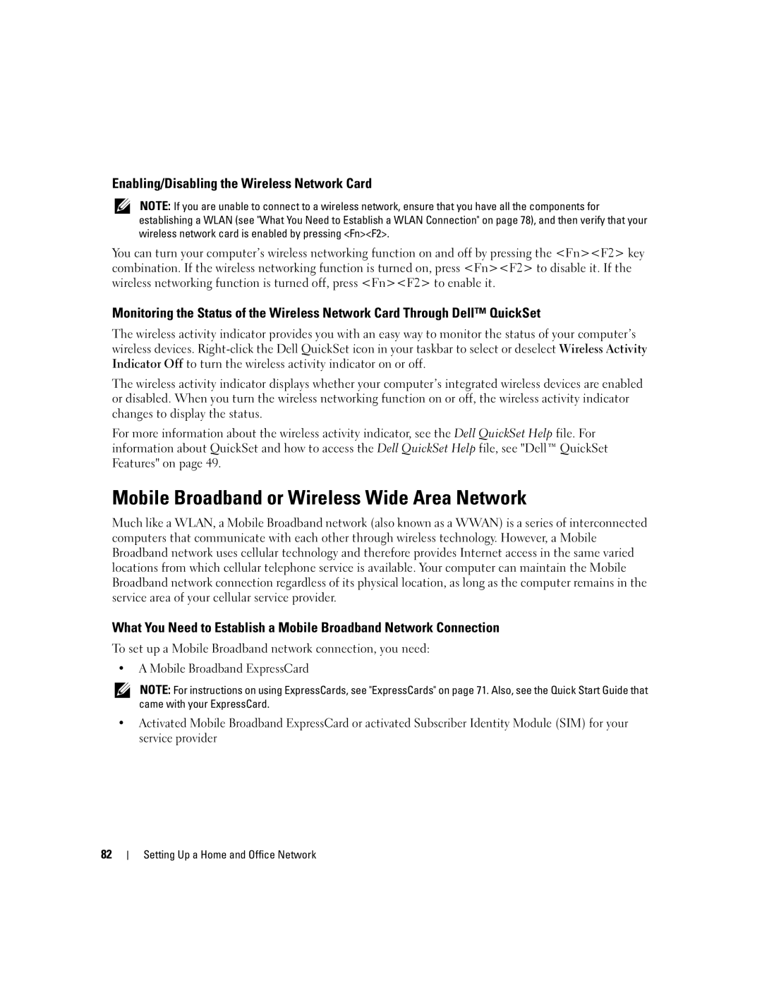 Dell PD598 owner manual Mobile Broadband or Wireless Wide Area Network, Enabling/Disabling the Wireless Network Card 