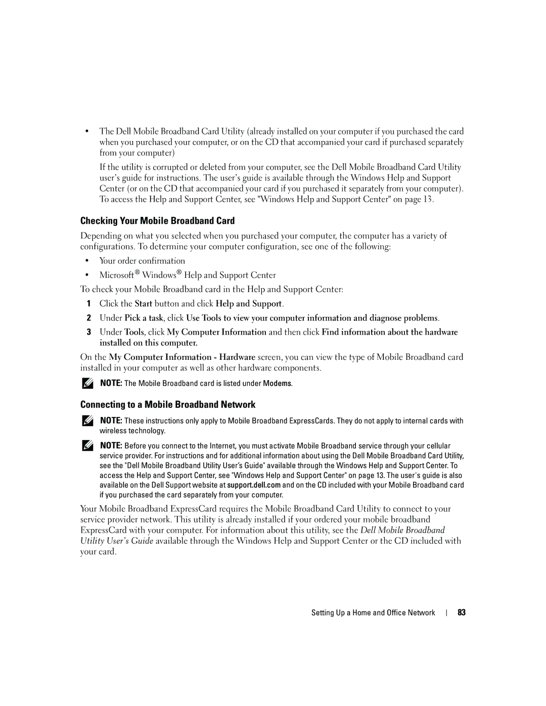 Dell PD598 owner manual Checking Your Mobile Broadband Card, Connecting to a Mobile Broadband Network 