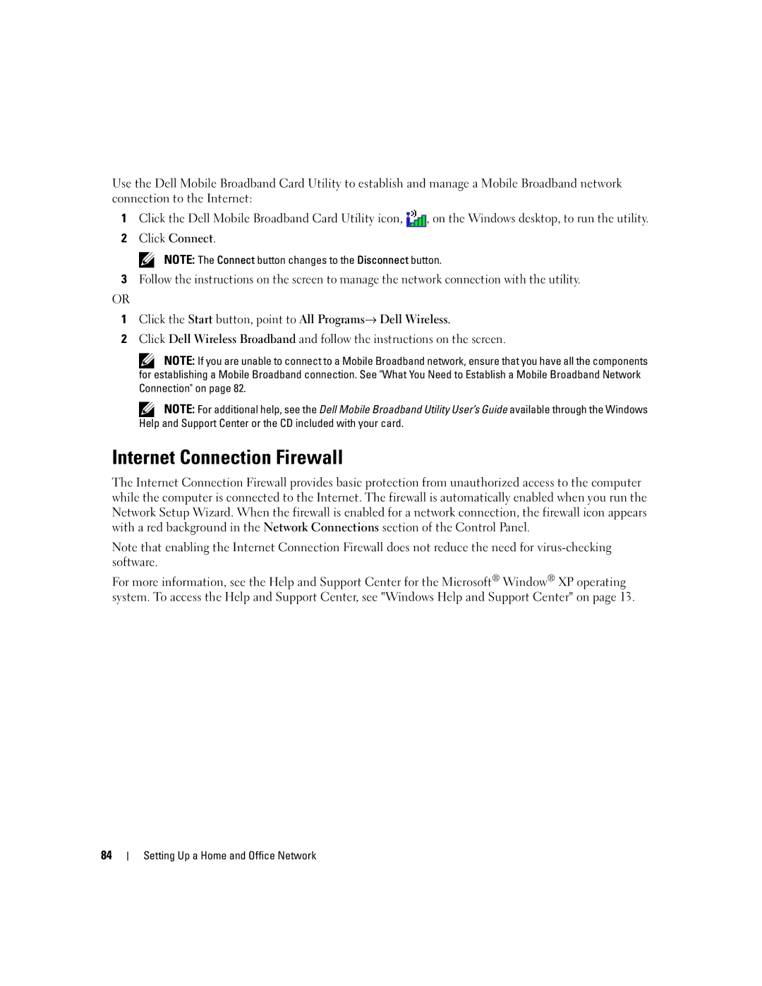 Dell PD598 owner manual Internet Connection Firewall, Click the Start button, point to All Programs→ Dell Wireless 