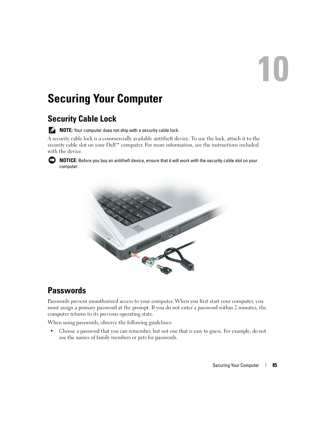 Dell PD598 owner manual Securing Your Computer, Security Cable Lock, Passwords 