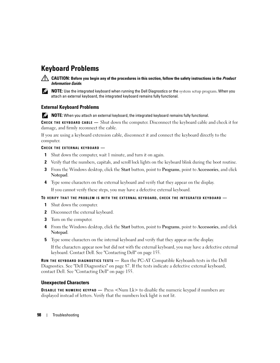 Dell PD598 owner manual External Keyboard Problems, Unexpected Characters 