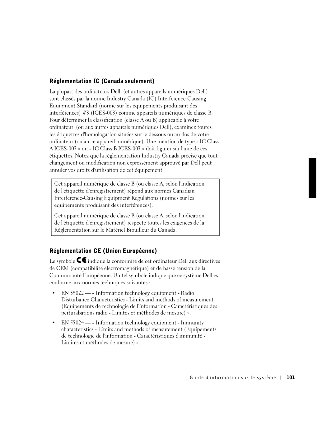 Dell PDX manual Réglementation IC Canada seulement, Réglementation CE Union Européenne 