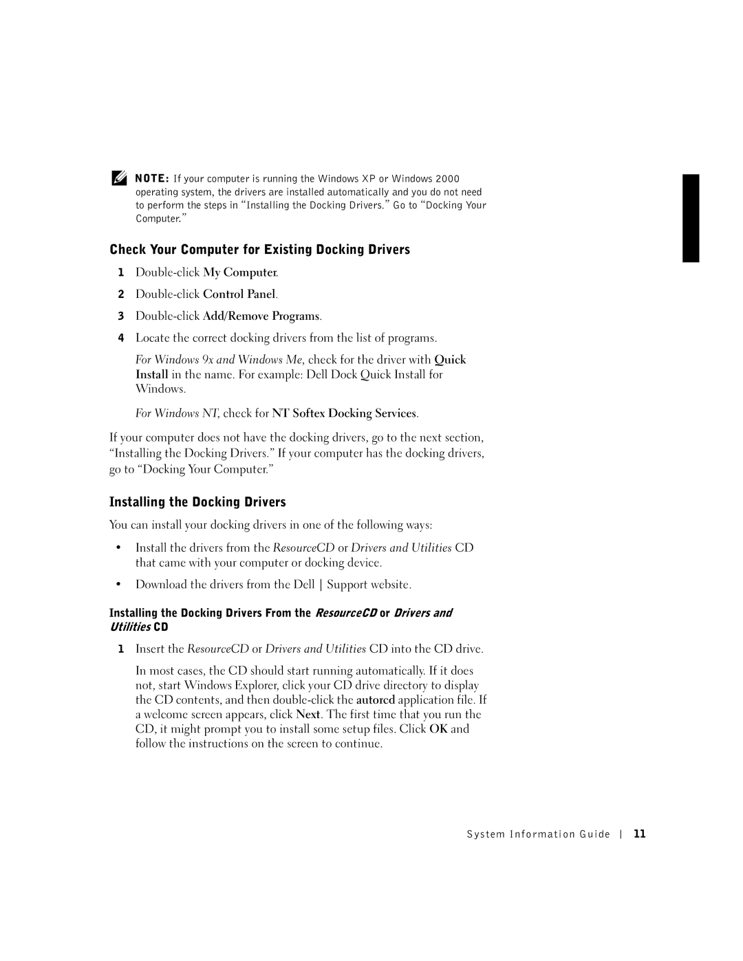 Dell PDX manual Check Your Computer for Existing Docking Drivers, Installing the Docking Drivers 