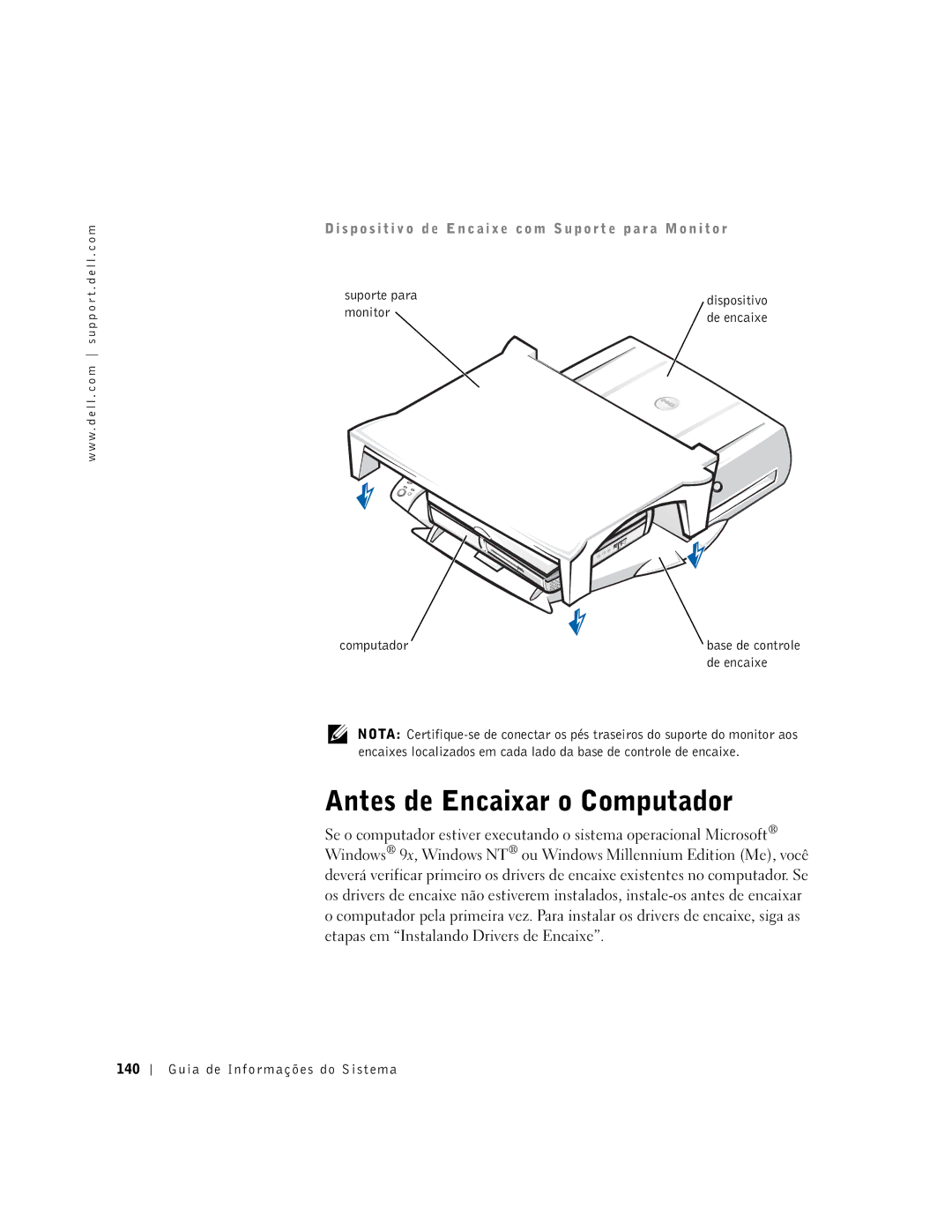 Dell PDX manual Antes de Encaixar o Computador, De encaixe 