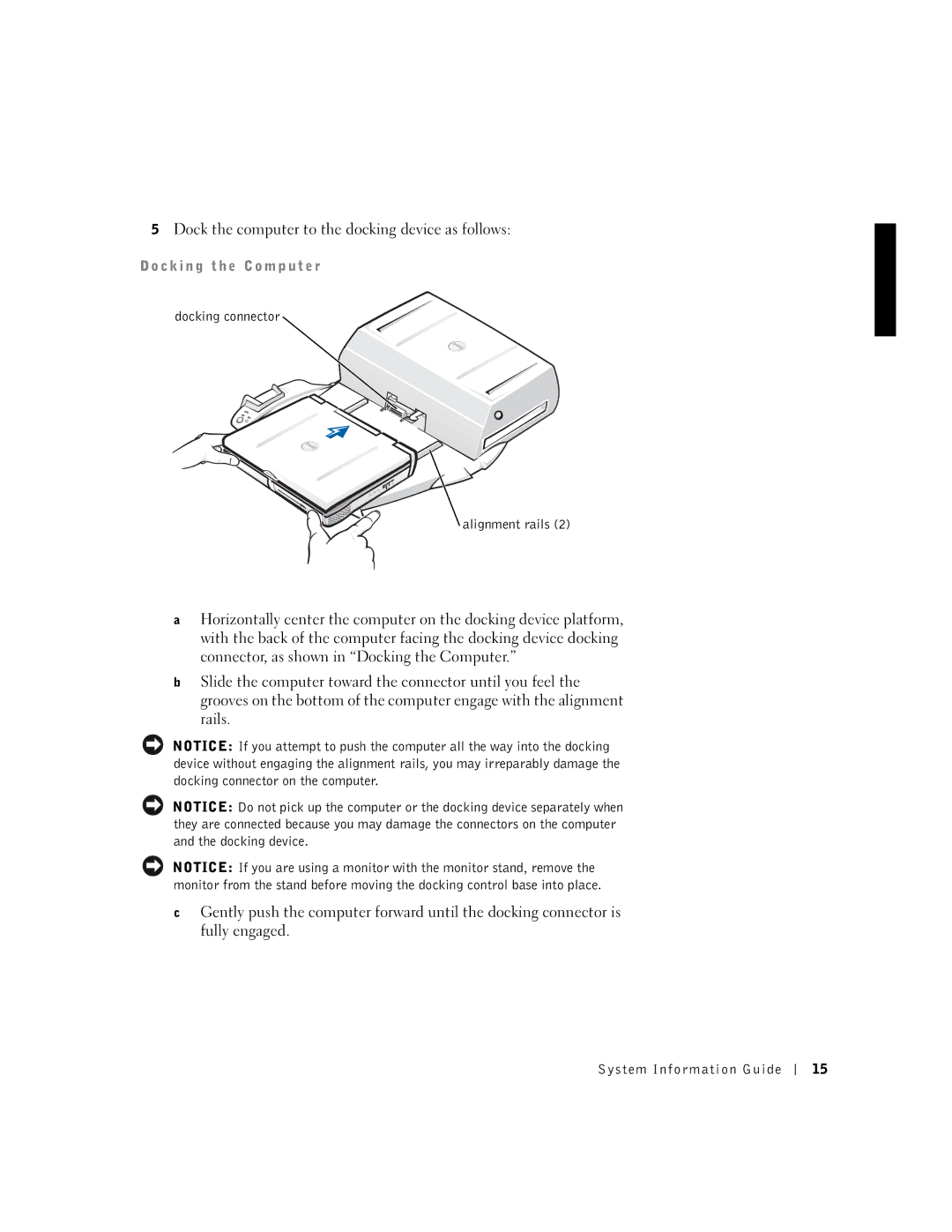 Dell PDX manual Dock the computer to the docking device as follows, C k i n g t h e C o m p u t e r 