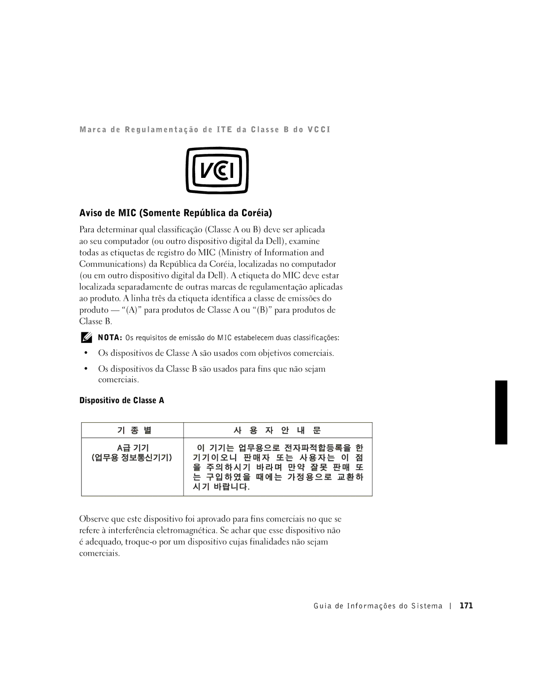 Dell PDX manual Aviso de MIC Somente República da Coréia 