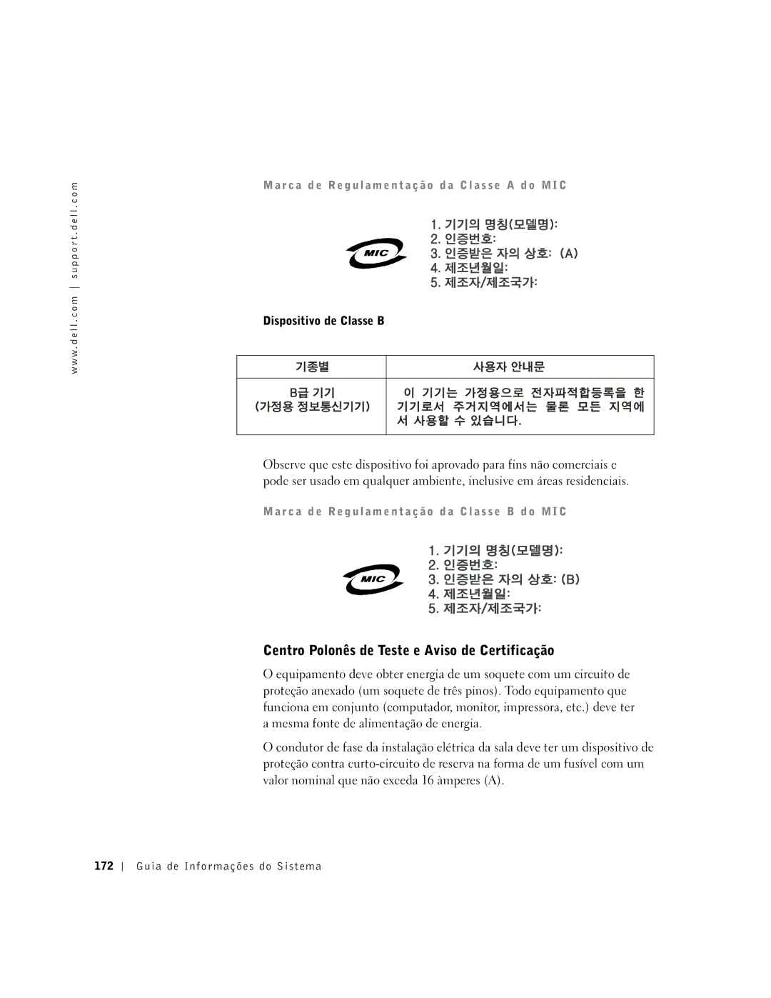 Dell PDX manual Centro Polonês de Teste e Aviso de Certificação, Dispositivo de Classe B 