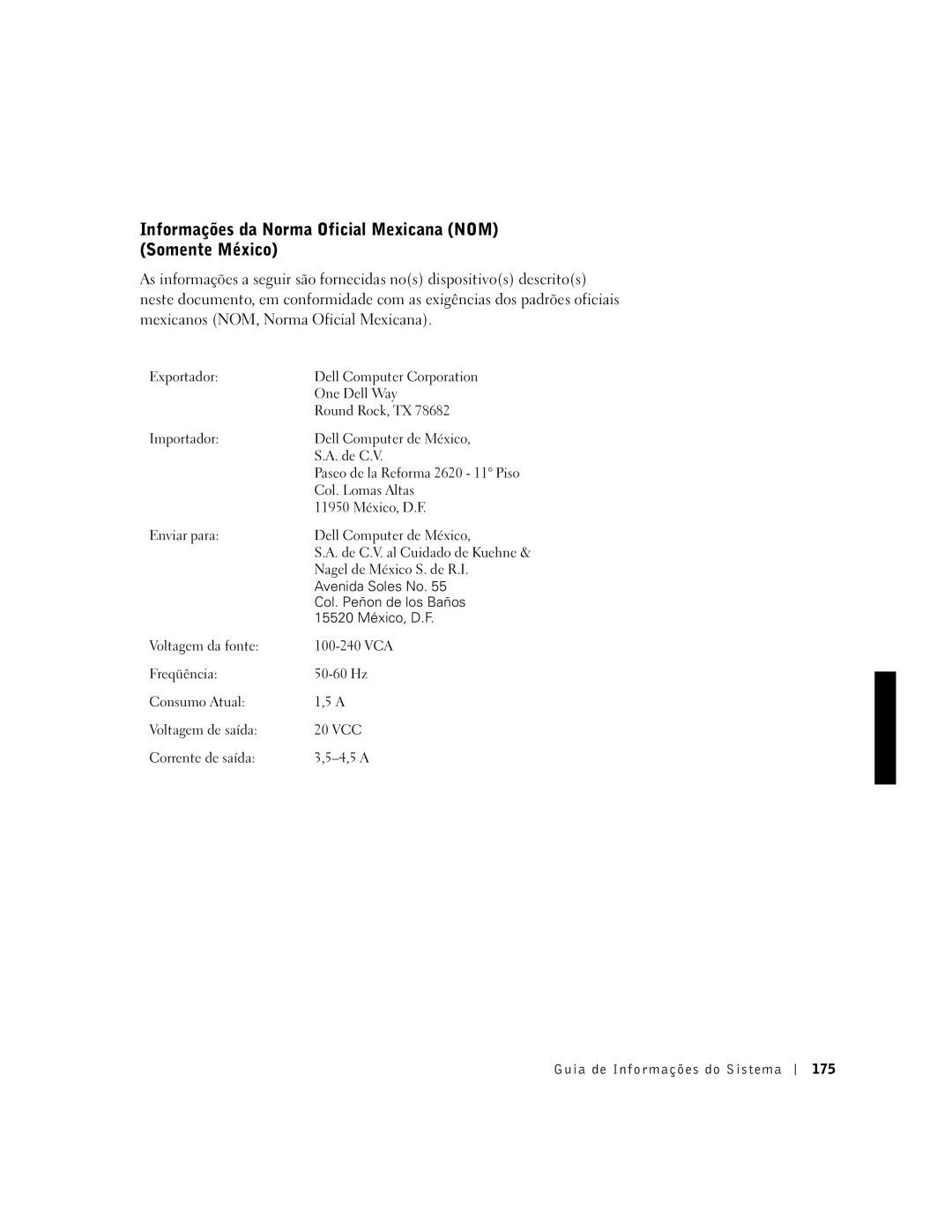 Dell PDX manual Informações da Norma Oficial Mexicana NOM Somente México 