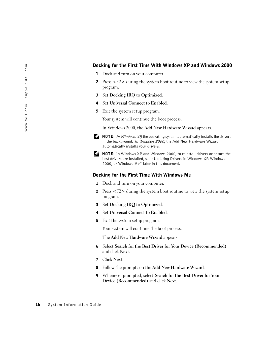 Dell PDX manual Docking for the First Time With Windows XP and Windows, Docking for the First Time With Windows Me 