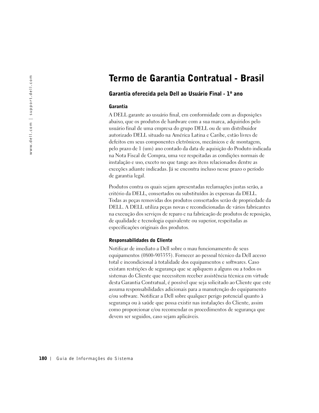 Dell PDX manual Termo de Garantia Contratual Brasil, Garantia oferecida pela Dell ao Usuário Final 1º ano 