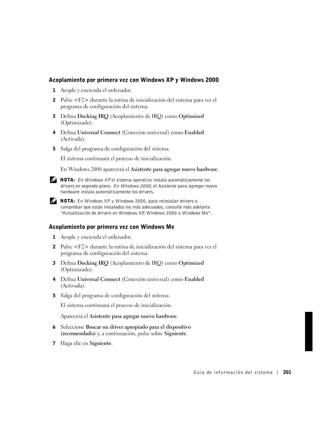 Dell PDX manual Acoplamiento por primera vez con Windows XP y Windows, Acoplamiento por primera vez con Windows Me 