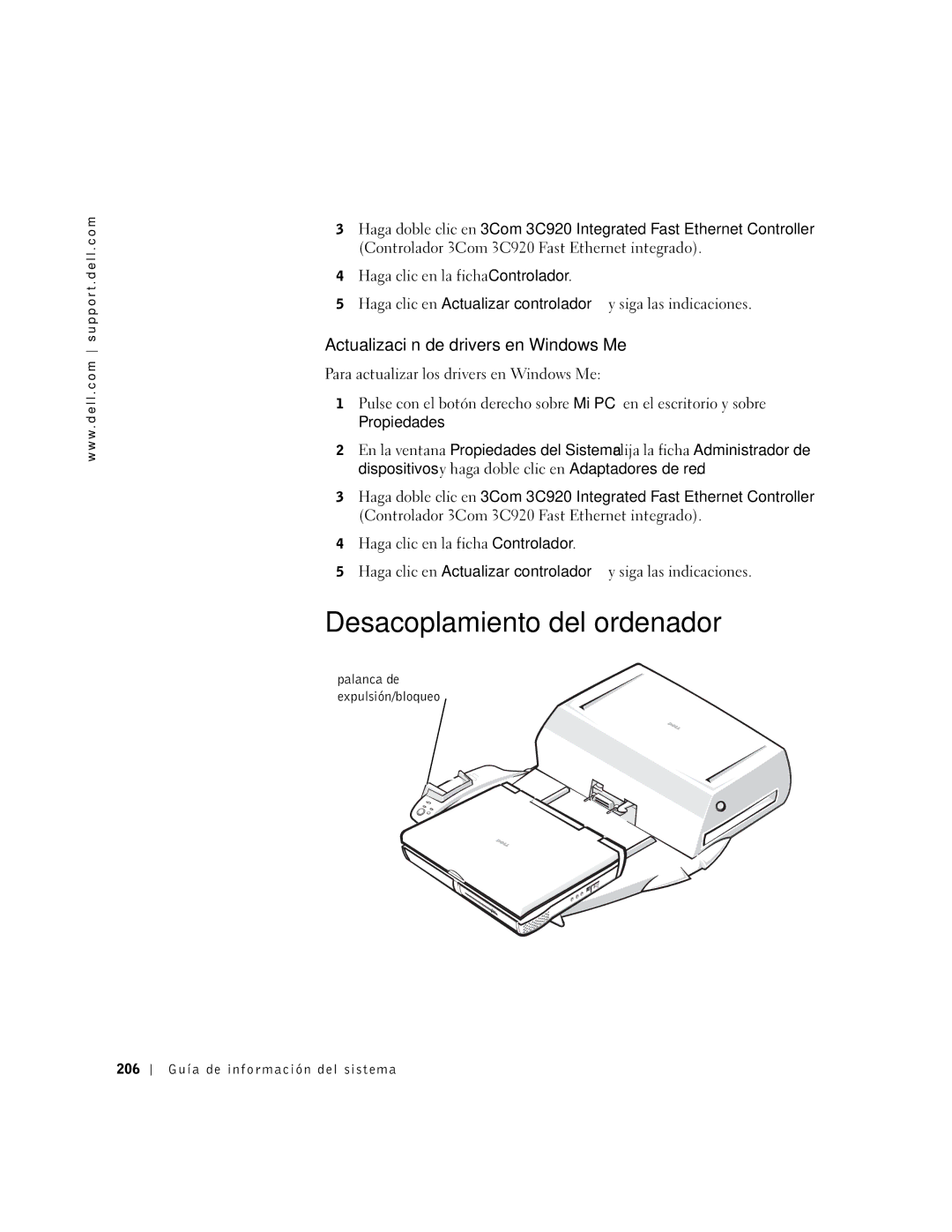 Dell PDX manual Desacoplamiento del ordenador, Actualización de drivers en Windows Me 